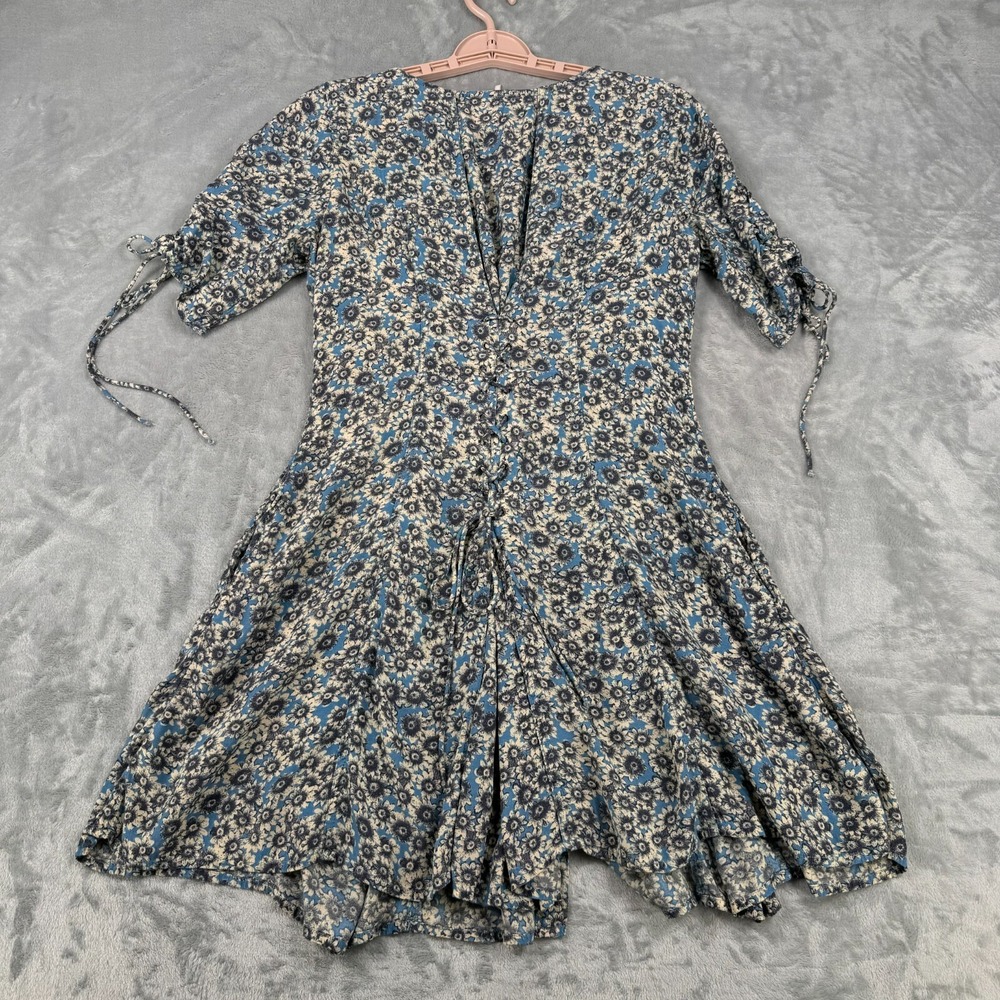 Free People Dress Women M Blue Floral Flower Power Mini Fit & Flare Boho Lace Up - Picture 4 of 11